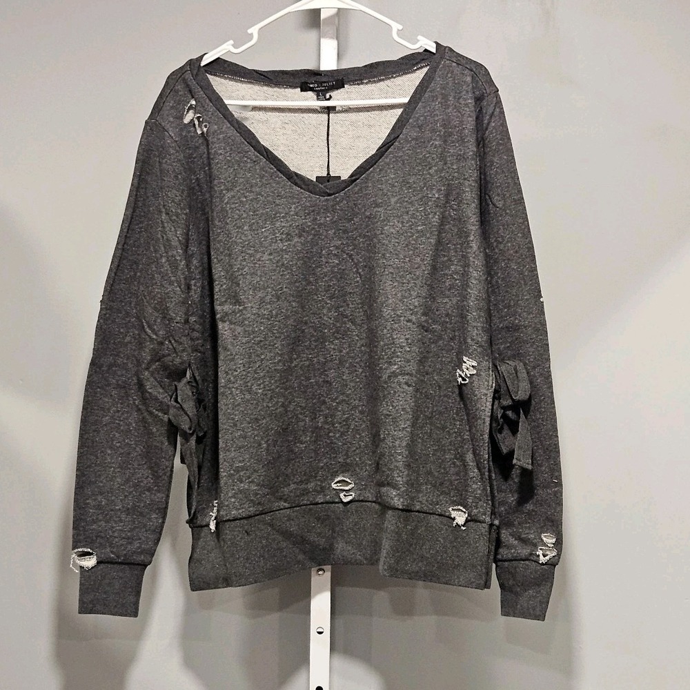 NWT Romeo & Juliet Couture Size S Distressed Sweatshirt Dk Gray Side Slit & Ties
